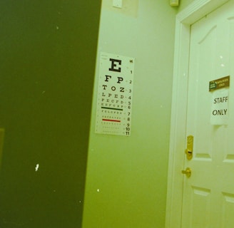 A white door with a sign reading 'STAFF ONLY' partially open next to an eye chart poster mounted on the wall. The room has a visible yellowish-green hue. The eye chart has large letters starting with 'E' at the top, diminishing in size.