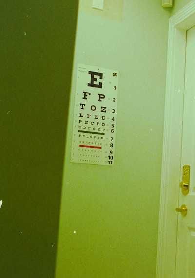 A white door with a sign reading 'STAFF ONLY' partially open next to an eye chart poster mounted on the wall. The room has a visible yellowish-green hue. The eye chart has large letters starting with 'E' at the top, diminishing in size.